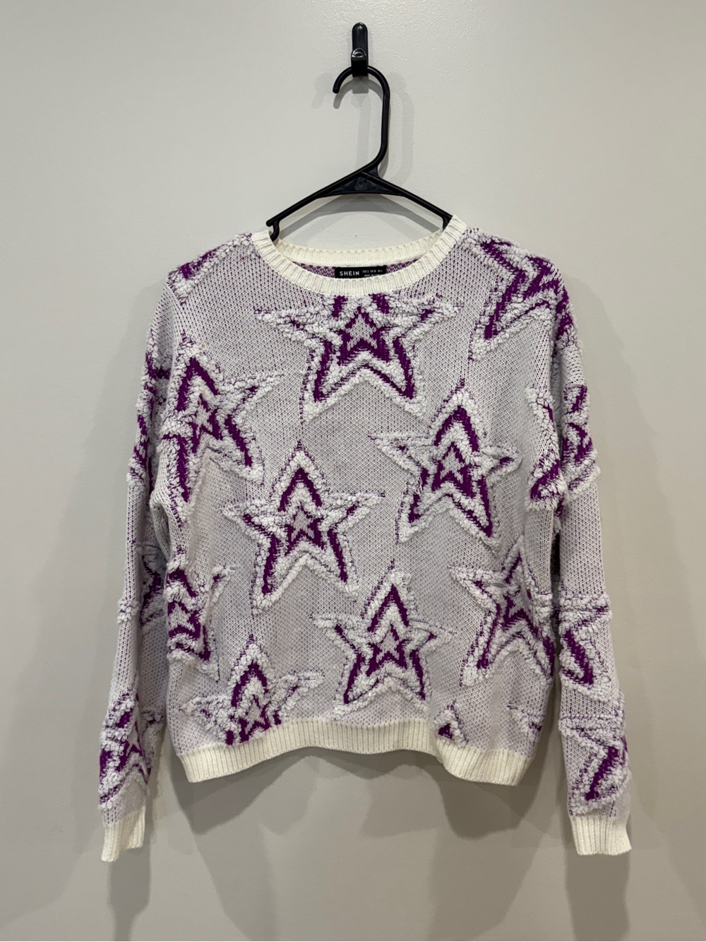 SHEIN White Knit Sweater with Purple Star Pattern
